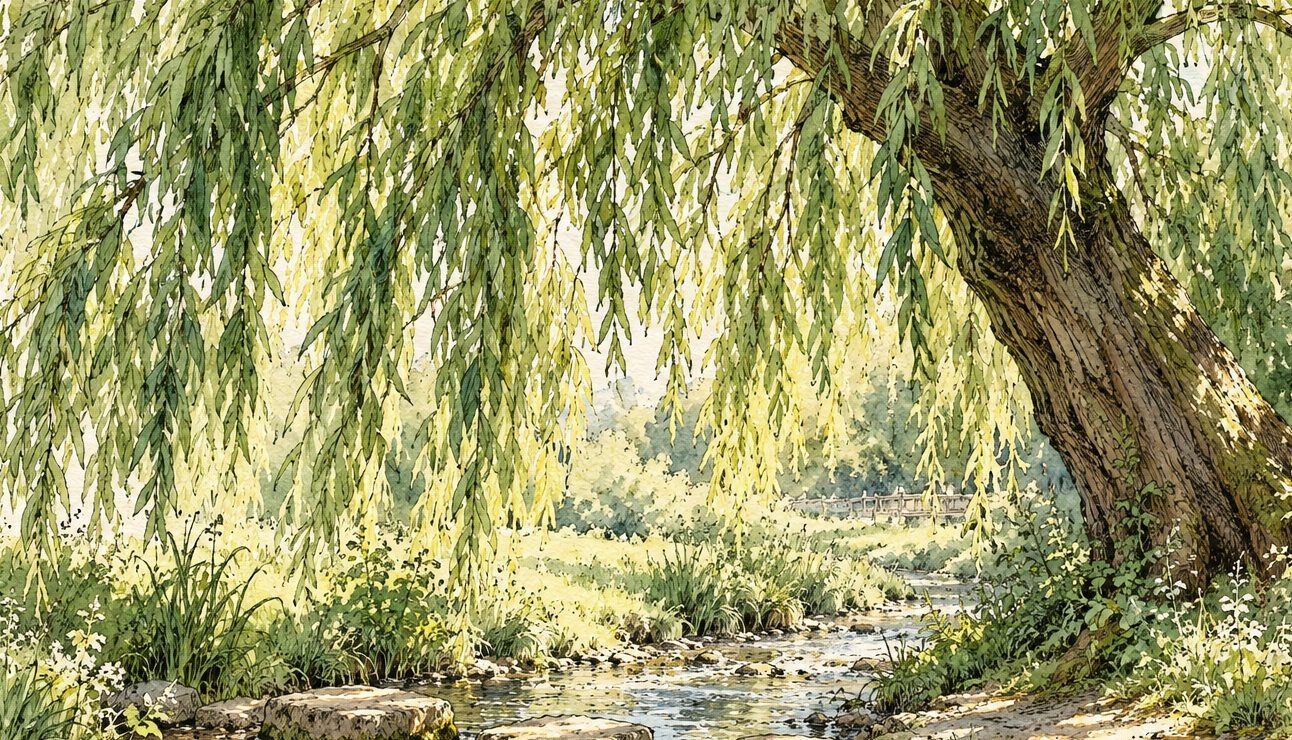 Pen and watercolour drawing of a weeping willow over Trunkfield Brook, with stepping stones across the water.