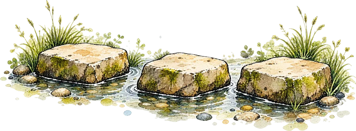 Watercolour of three stepping stones crossing a shallow brook.