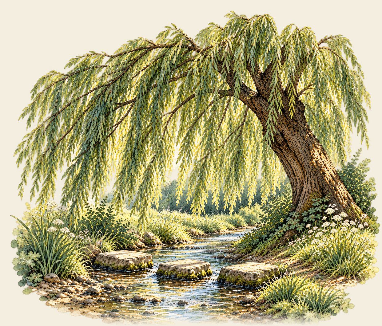 Pen and watercolour drawing of a weeping willow leaning over a shallow brook, with three stepping stones across the water.